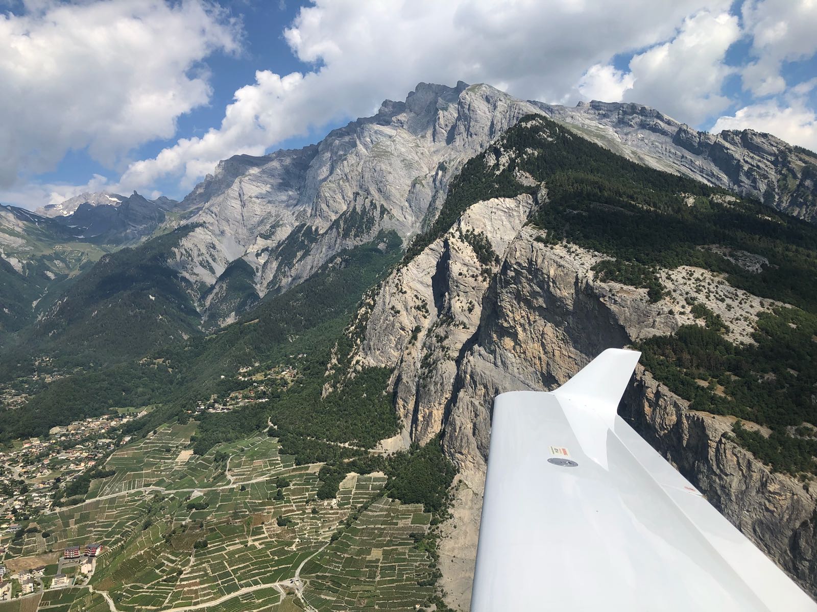 DA40 NG wing above Swiss vineyards and limestone cliffs